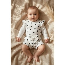 Babydonat Kız Bebek Kalp Desenli Fırfırlı Pamuklu Kaşkorse Takım - Body ve Fiyonklu Şort Seti 3-9 Ay Bb