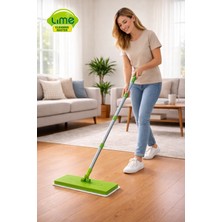 Lime Click Mop 32 cm Genişlik | Paslanmaz Çelik Sap, Otomatik Kıskaç, 360° Döner, Islak & Kuru Silme