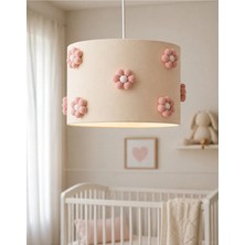 Sefden Lazer Kesim Atölyesi El Yapımı Ponpon Çiçekli Bebek Odası Avizesi 30X20 cm Pudra Krem Çocuk Odası Aydınlatma