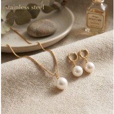 Stainless Steel Altın Kaplama Kararmaz Çelik Tasarımlı Lüks Inci Kolye Küpe Set