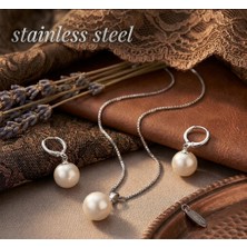 Stainless Steel Gümüş Kaplama Kararmaz Çelik Tasarımlı Lüks Inci Kolye Küpe Set