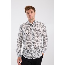 Aclub AC10063 Twill Pamuklu Slim Fit Beyaz Klasik Yaka Erkek Baskılı Gömlek