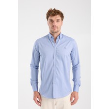 Aclub AC10104 Twill Pamuklu Slim Fit Koyu Mavi Düğmeli Yaka Erkek Düz Gömlek