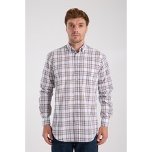 Aclub AC10086 Poplin Pamuklu Regular Fit Kahverengi Düğmeli Yaka Erkek Kareli Gömlek