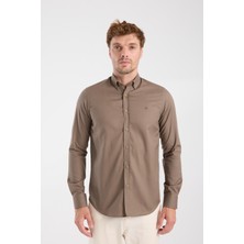 Aclub AC10103 Twill Pamuklu Slim Fit Kahverengi Düğmeli Yaka Erkek Düz Gömlek