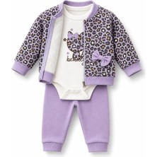 Lika&Nika Kız Bebek Takımı 3'lü Pamuklu Leopar Desenli Fermuarlı Ceket Body ve Eşofman Altı Bebek Giyim Seti