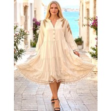 Valewoman Püskül ve Başak Nakışlı Keten Elbise