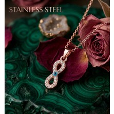 Stainless Steel Rose Renk Zincirli Sonsuzluk Tasarım Nazarlı Turkuaz Zirkon Taşlı Çelik Kolye