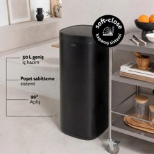 5Five 50 L Round Çöp Kovası - Soft Close, İç Kovalı, Büyük Hacimli, Yavaş Kapanma, Kolay Çıkarılabilir, Siyah