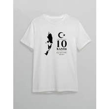 Antakya Yöresi 10 Kasım Atatürk Anma Günü Silüet Baskılı Oversize Bisiklet Yaka T-Shirt - Beyaz