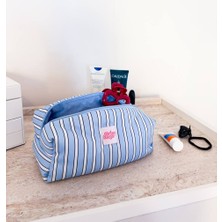 Girlsy Bags Mavi Çizgili Makyaj Çantası Büyük Boy Fermuarlı Mavi Portföy Çanta Çizgili Seyahat Çantası