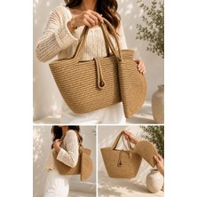 Nayshome Fermuarlı Hasır Jüt Vegan Clutch Çanta Düğmeli Kol Çantası