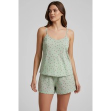 Kompedan Kadın Ip Askılı Yumuşak Dokulu Çiçek Desenli Şortlu Pijama Takım | Mint 70111-142