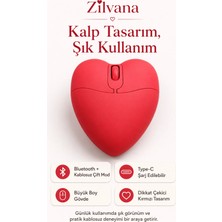 Zilvana Kalp Tasarımlı Kırmızı Şarjlı Mouse Bluetooth ve Kablosuz Çift Modlu Aşk Tasarımlı Fare