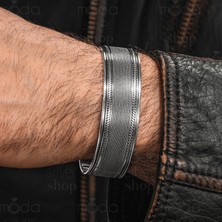 Modasilvers 925 Ayar Gümüş Oksitli Hasır Desenli Erkek Kelepçe Bileklik