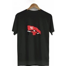 Marsilyan- 1 Mayıs Emek ve Dayanışma Bayraklı Emekçi Baskılı Bisiklet Yaka T-Shirt - Siyah