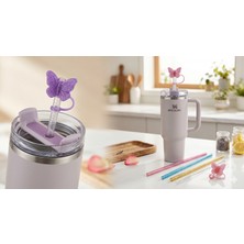 Derinify Stanley Quencher Uyumlu Kombin Seti - 4'lü Renkli Simli Tritan Pipet & 2'li Işıltılı Kelebek Silikon Pipet Kapağı (Temizleme Fırçası Hediyeli)