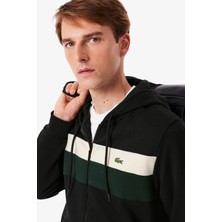 Lacoste Men's Classic Fit Colour-Block Fleece Hoodie Organik Pamuk Renk Bloklu Fermuarlı Sweatshirt Siyah