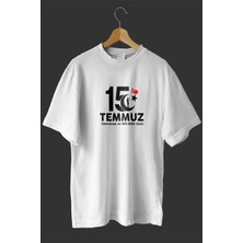 Marsilyan 15 Temmuz Demokrasi ve Milli Birlik Günü Baskılı Oversize Bisiklet Yaka T-Shirt - Beyaz