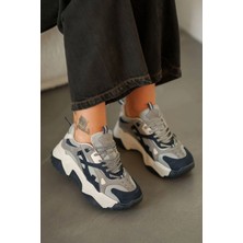 Sms Ayakkabı Tona Kadın Kalın Tabanlı Bağcıklı Sneakers Lacivert