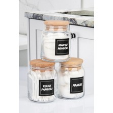 Naturelove 3'lü Ahşap Vakumlu Kapaklı Kulak Pamuğu Makyaj Pamuğu ve Pamuk Kavanozu Pamukluk Seti 300 ml