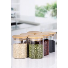 Naturelove 6 Parça Şeffaf Etiketli Vakumlu Bambu Kapaklı Borosilikat Cam Baharatlık 200 ml