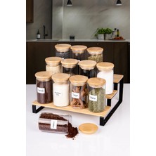Naturelove 13 Parça Etiketli Vakumlu Bambu Kapaklı Bambu Merdiven Stantlı 3 Boy Borosilikat Cam Baharatlık