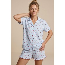 Siyah İnci Mavi Kareli Kiraz Desenli Ince Soft Örme Mevsimlik Düğmeli Şortlu Pijama Takımı 8044