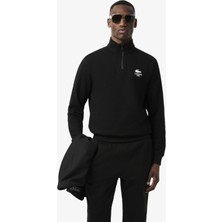 Lacoste High Neck Zip-Up Print Unisex Sweatshirt Fermuarlı Yüksek Yaka Pamuklu Sweatshirt Siyah