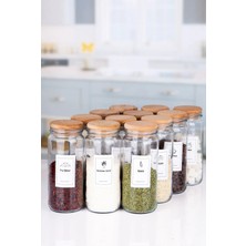 Naturelove 12'li Ahşap Bambu Vakumlu Kapaklı 500 ml Boru Cam Kavanoz Jumbo  Baharatlık 18 Adet Etiket Hediyeli