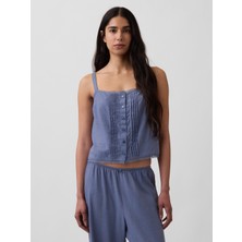 Gap Kadın Mavi Keten Karışımlı Pintuck Kısa Askılı Pijama Üstü