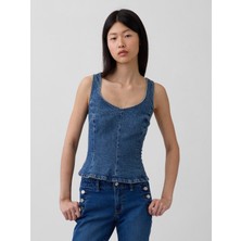 Gap Kadın Mavi Denim Fitted Peplum Bluz