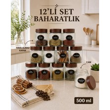 Naturelove 12'li Etiketli Çizgili Cam Kavanoz Baharatlık Seti – Plastik Contalı Hava Almaz Kapaklı Baharatlık Saklama Kabı 12 x 500 ml