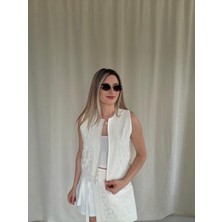alis boutique ekru nakış detaylı bağlamalı şort etek - yelek takım