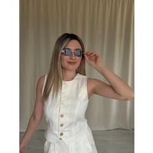 alis boutique keten görünümlü altın düğmeli yelek ve kemerli şort takım