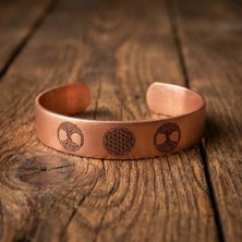 Zib Grips Velvet Copper Yaşam Çiçeği ve Hayat Ağacı Saf Bakır El Yapımı Boho Bilezik Spiritüel Hediye Unisex