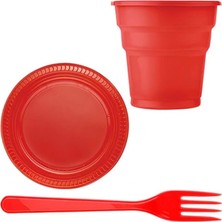 Best Parti Kırmızı Renk 25'li Plastik Tabak Bardak Çatal Seti