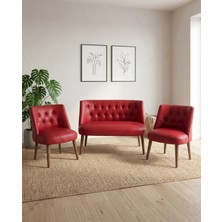 Azra Mobilya Milano Kırmızı Deri Çay Seti Koltuk Takımı 2+1+1 – Ofis Balkon Kuaför Bekleme Koltuğu – Ceviz Ahşap Ayaklı