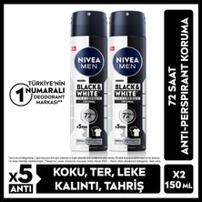 Nivea Men MEN Erkek Sprey Deodorant Black&White Invisible Original 150ml, Alkolsüz, 72 Saat Koruma, X2 Adet