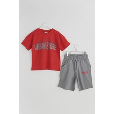 DobaKids Yazlık Erkek Çocuk Oversize T-Shirt Kapri Kısa Kollu Takım Street Pulse Series Kırmızı - Füme 001-0002169