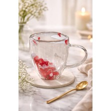 Makri Home Kırmızı Beyaz Çiçekli Çift Cidarlı Cam Kupa, 350 Ml, 11 cm x 8 cm