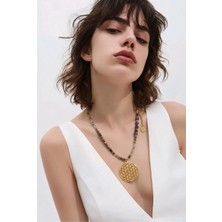 Delta Handmade Kolye | Ametist, Jasper, Hematit Taşı, Altın Kaplama Yaşam Çiçeği Kolye Ucu, Yarı Değerli Taş