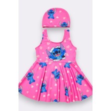 Cg Kids Stitch Baskılı  Kız Çocuk Etekli Mayo ve Bone Seti - Pembe