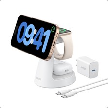 Anker Maggo 3'ü 1 Arada Şarj Cihazı, Magsafe Uyumlu, 15W, Qi2 Sertifikalı Kablosuz Şarj Cihazı, Adaptör Dahil, Beyaz - B25M4