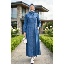 Harma Time Butik Kadın Düğmeli Koyu Mavi Kot Tesettür Elbise