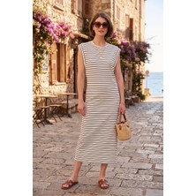 Lela Çizgili Regular Fit Kolsuz Bisiklet Yaka Midi Boy Elbise Bayan Elbise 5866107
