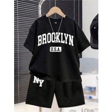 Usa Brooklyn Yazı Baskılı Şort-T/shirt Alt Üstçocuk Takım