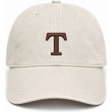 Tesbihname Unisex Vintage Beyzbol Şapkası - Isme Özel Harf Nakışlı - Eskitme Kumaş - Krem Rengi - Metal Tokalı