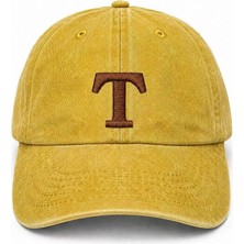 Tesbihname Isme Özel Harf Nakışlı Sarı Vintage Stil Eskitme Kumaş Ayarlanabilir Unisex Beyzbol Şapkası