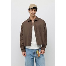 Vamos Keten Boxy Fit Crop Gömlek Kahve